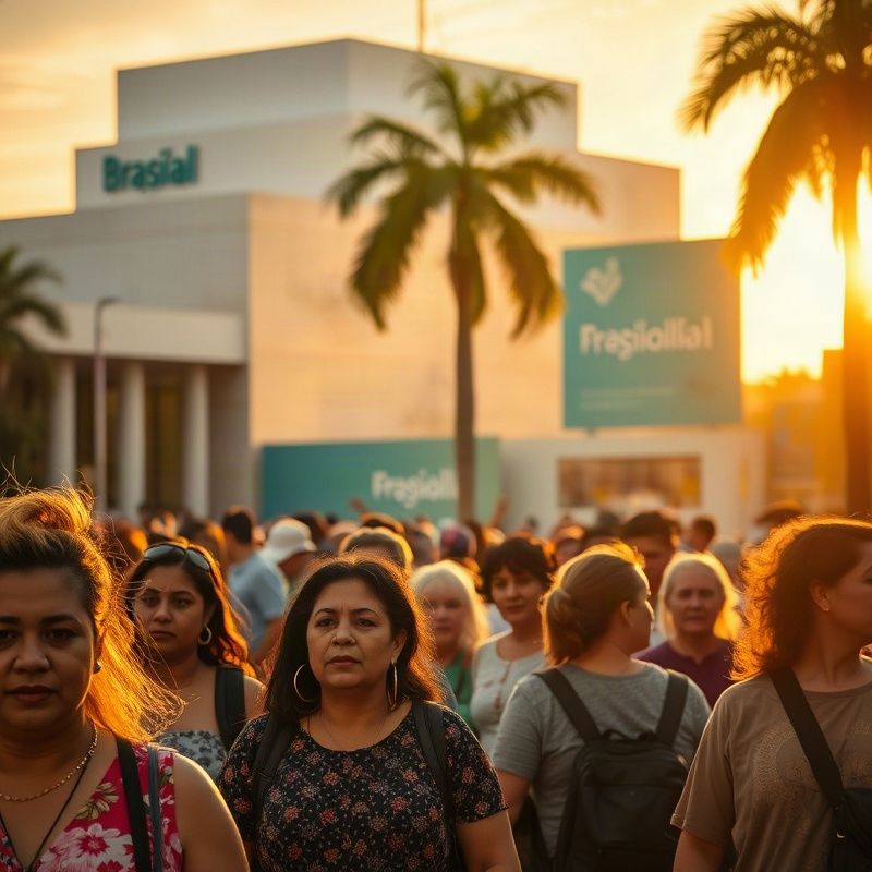 Grupo diverso de moradores em uma praça de Brasília sob luz dourada